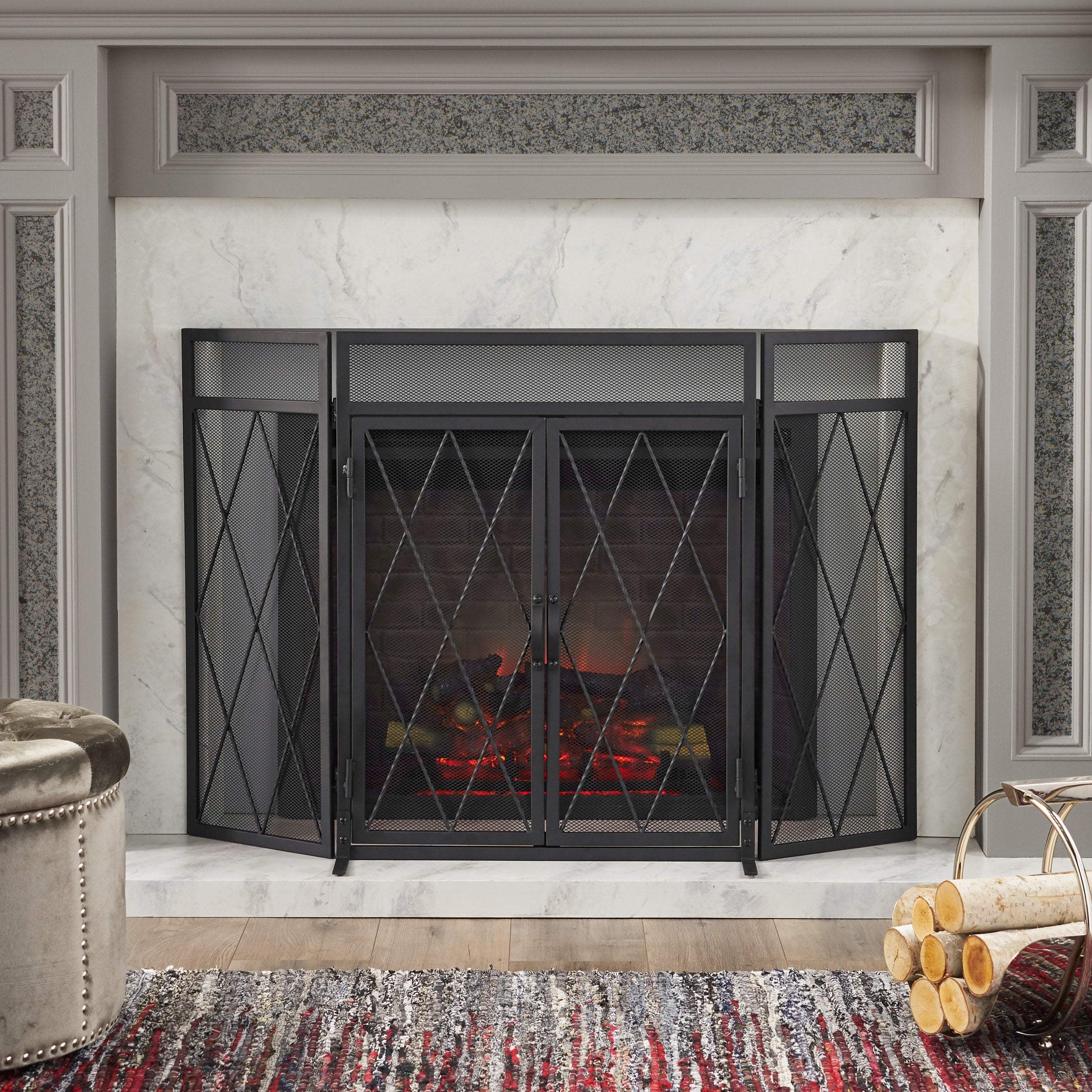 Kyomi Modern Iron Folding Fireplace Screen with Door