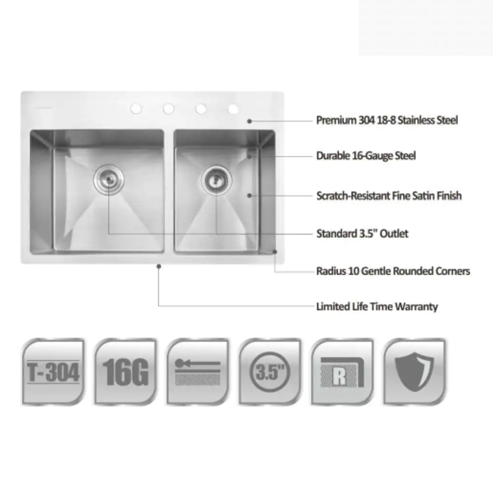 Glacier Bay Tight Radius Drop-in 16G Stainless Steel 33 in. 4-Hole 60/40 Double Bowl Kitchen Sink with Accessories