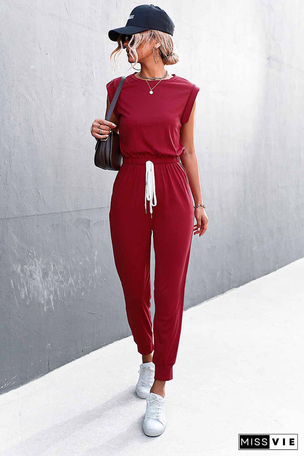 Solid Sleeveless Drawstring Waist Jumpsuit Wholesale