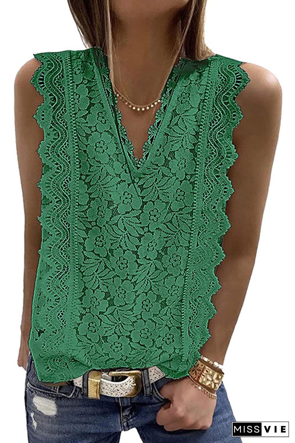 Lace Crochet V Neck Textured Sleeveless Tank Top Wholesale