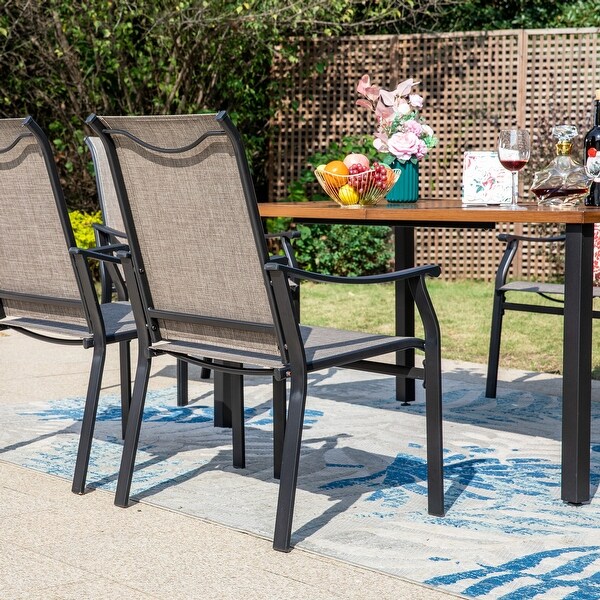 MAISON ARTS Patio Dining Set 7 Pieces with 1 Rectangle Teak Color Table and 6 Textilene Fabric Padded Armchairs