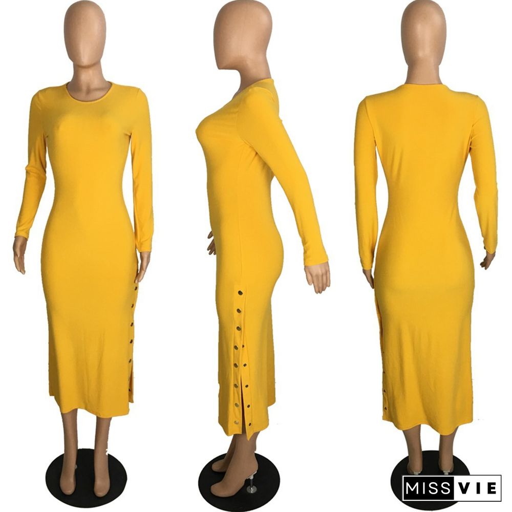 Women Solid Color Round Neck Long Sleeve Slit Maxi Dress