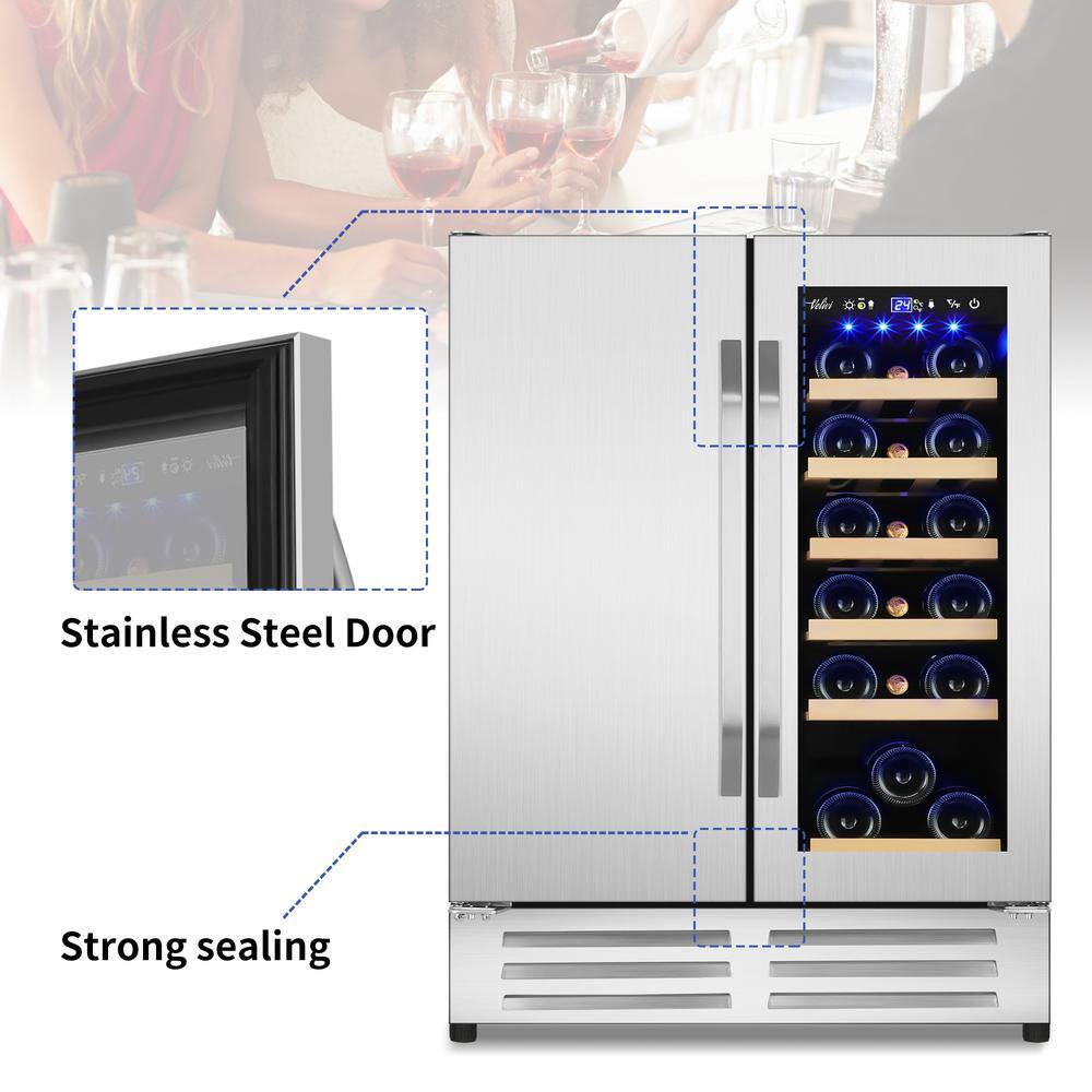 Velivi 24 in.Dual Zone 20-Wine Bottles and 88-Can Built-In and Freestanding with French Door Beverage Cooler in Stainless Steel KMYL120-2HD