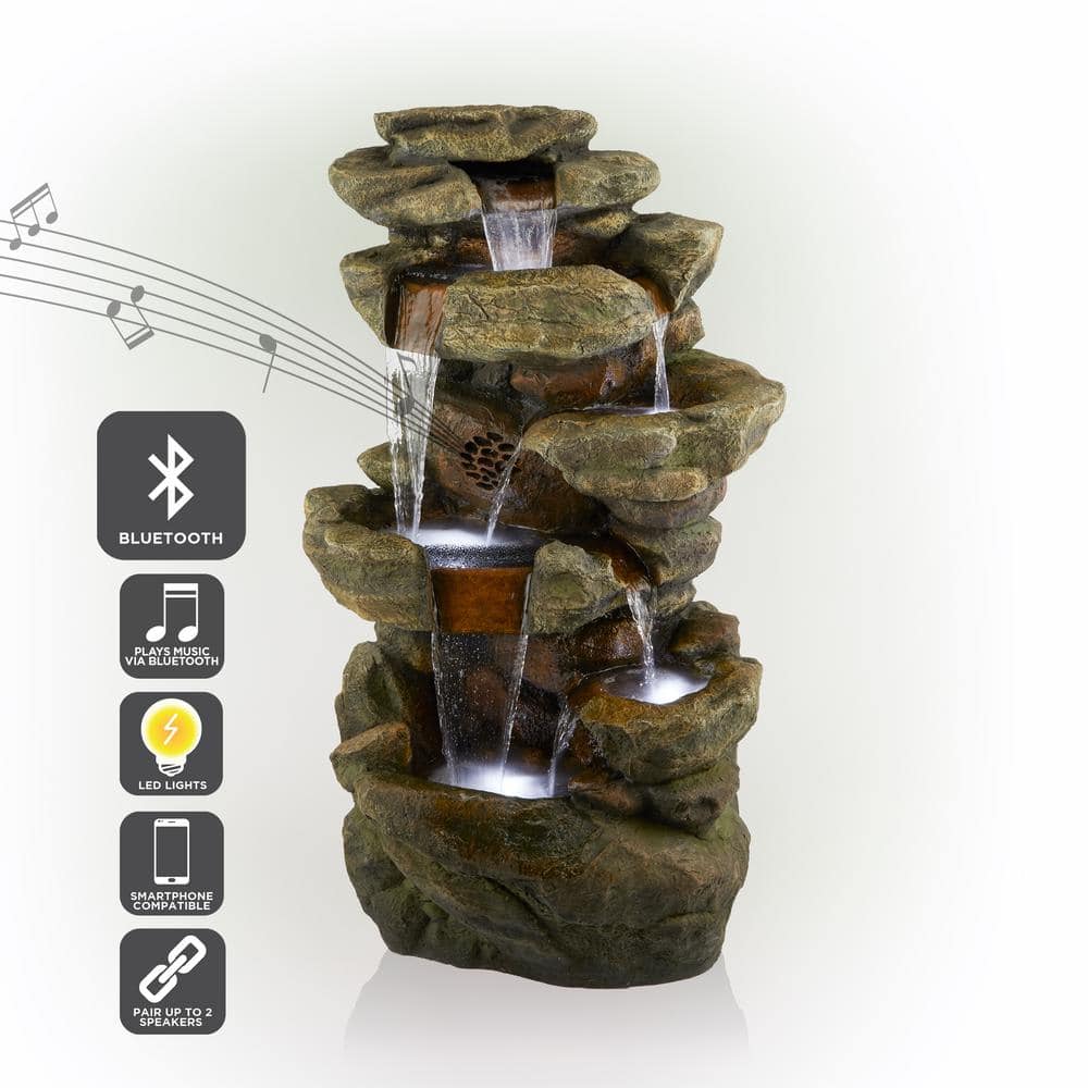 Alpine Corporation 51 in. Tall Outdoor Rainforest Floor Tiered Fountain with LED Lights and Bluetooth Speaker TZL199