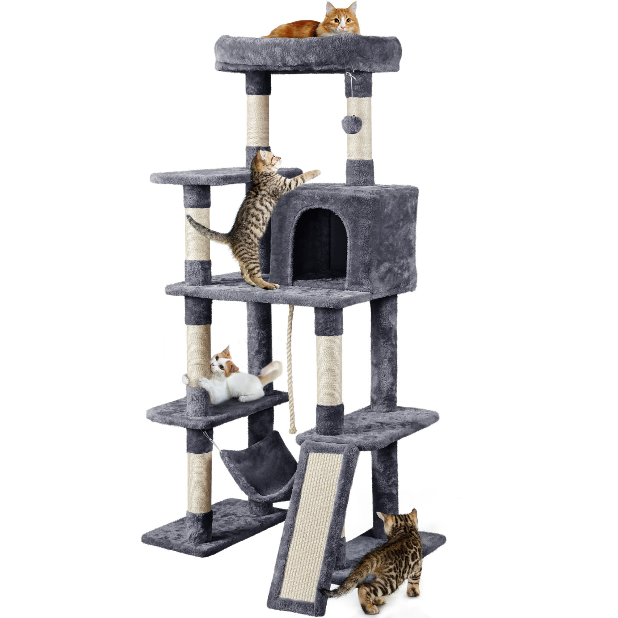 Topeakmart Dark Gray 4-Level Plush Cat Tree with Hammock for Kittens， 63