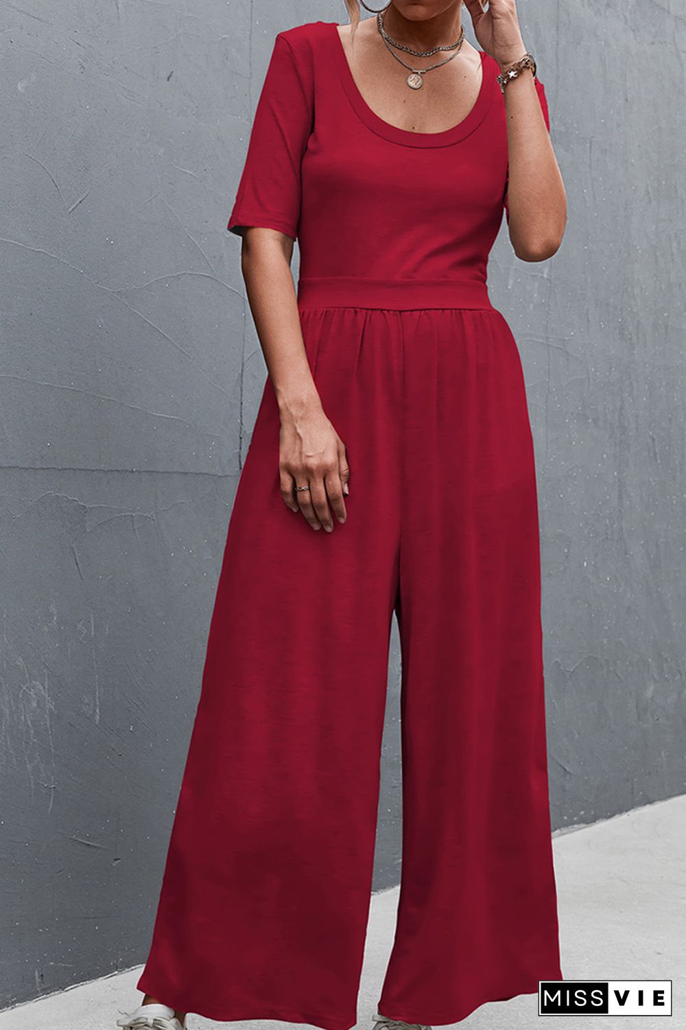 Solid Color Short Sleeve Wide Leg Jumpsuit Wholesale