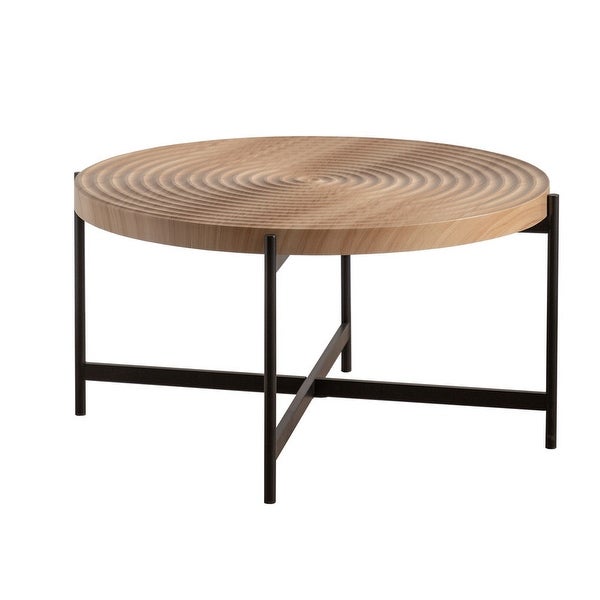 Modern Thread Design Round Coffee Table or End Table， MDF Table Top with Cross Legs Metal Base