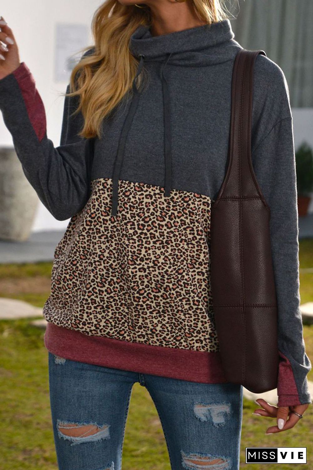 Leopard Print Splicing Hoodie Women Wholesale