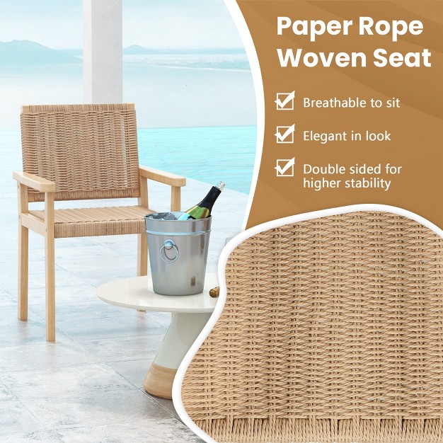 Costway Patio Chair Set Of 2 4 Rubber Wood Dining Armchairs Paper Rope Woven Seat Balcony