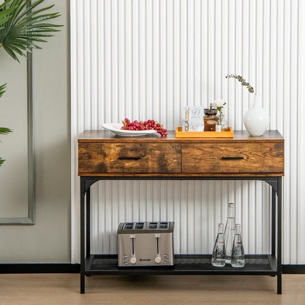 2 Drawers Console Table with Metal Frame for Living Room-Rustic Brown - Rustic Brown - 39.5