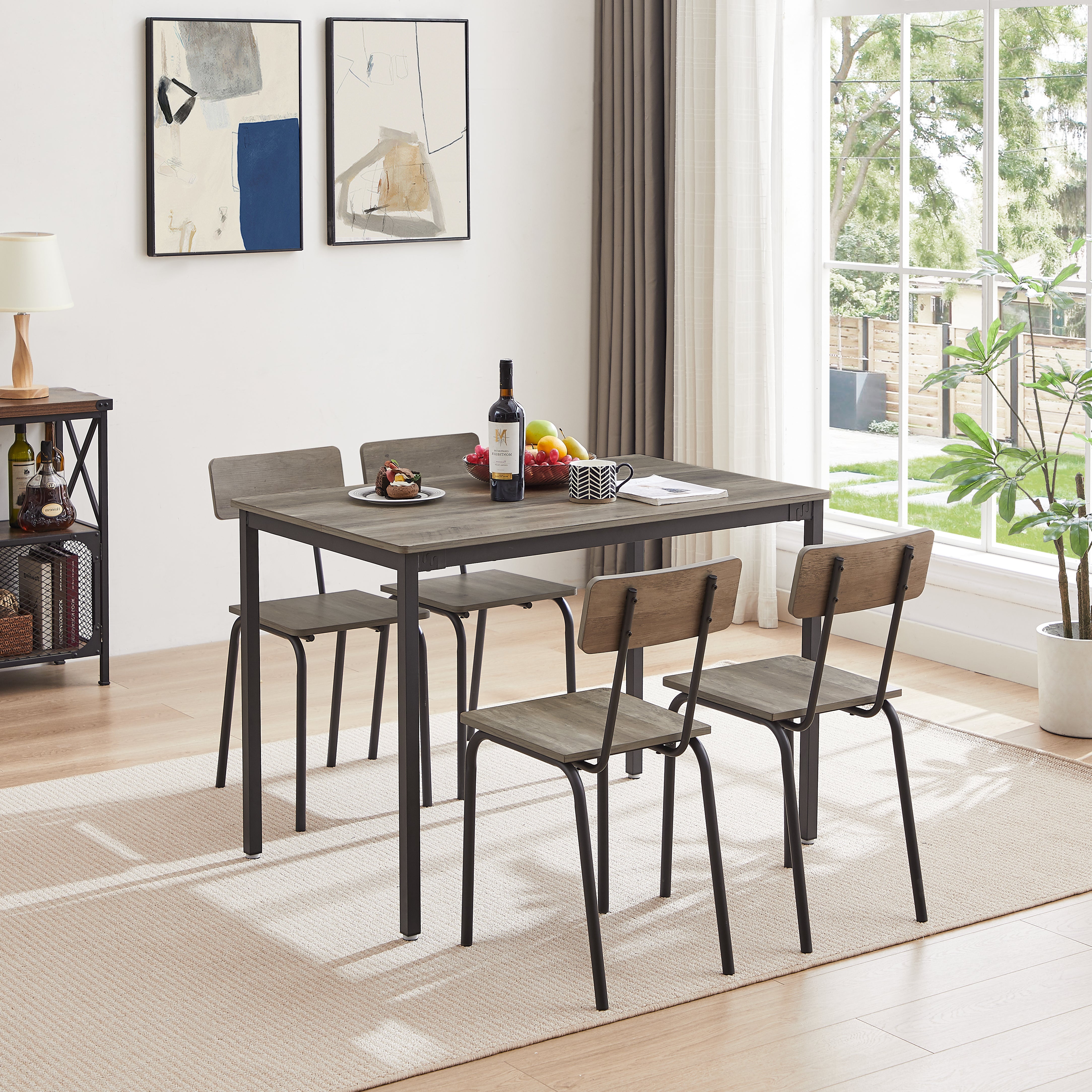 Industrial Style Dining Table and Chairs Set of 5 with Backrests