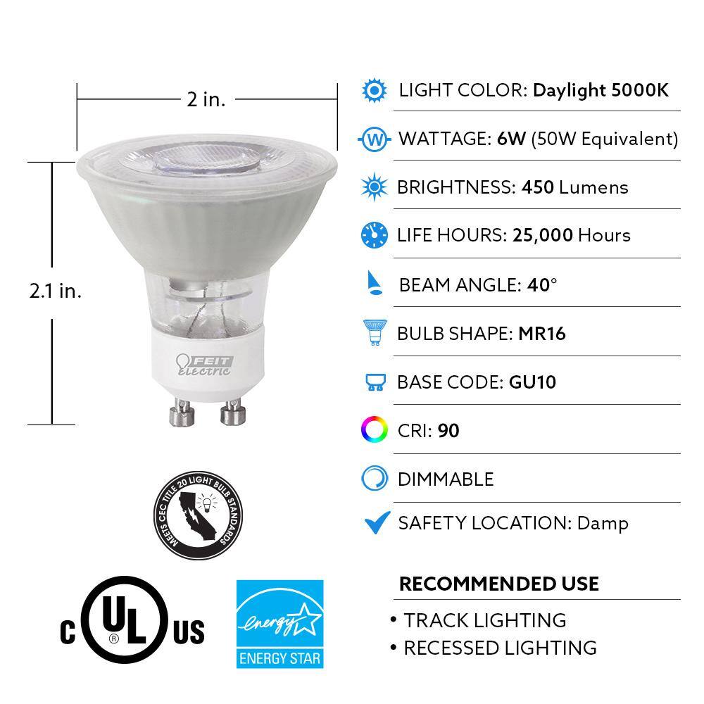 Feit Electric 50-Watt Equivalent MR16 GU10 Dimmable Recessed Track Lighting 90+ CRI Frosted Flood LED Light Bulb Daylight (3-Pack) BPMR16IFGU500950CA3