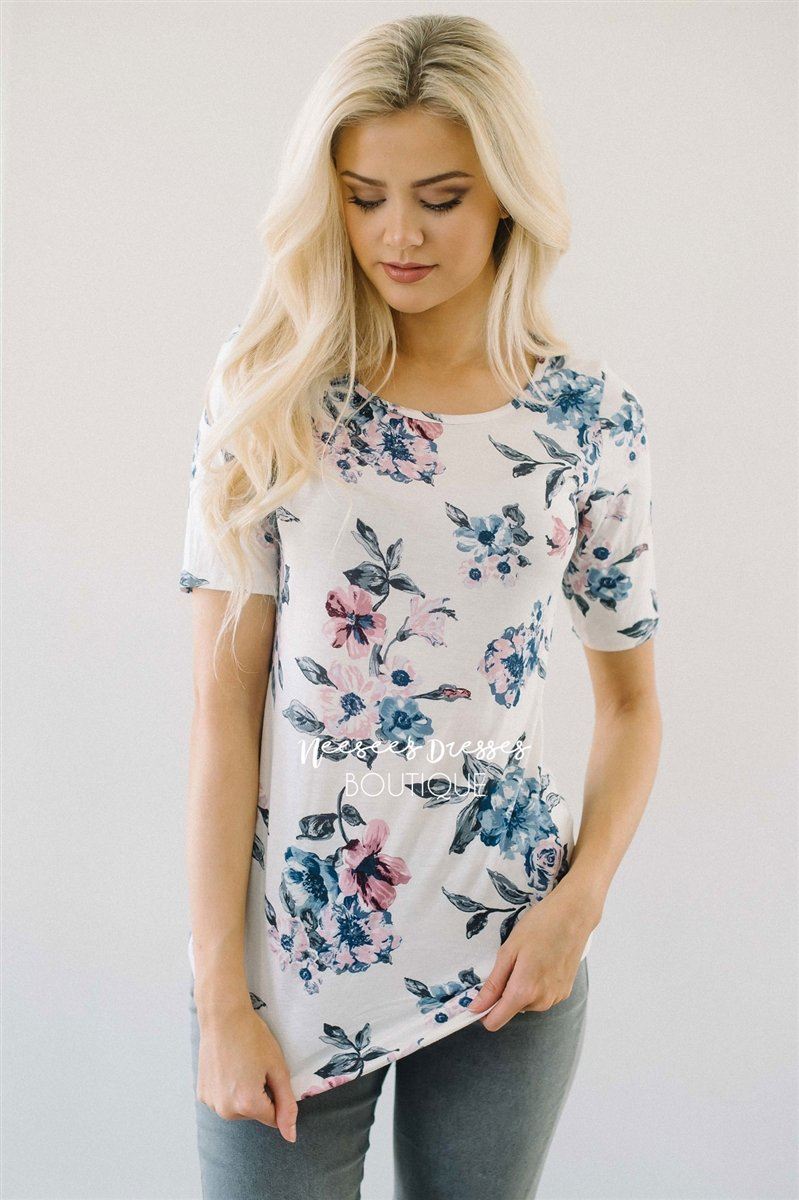 White Pink & Dusty Blue Floral Top