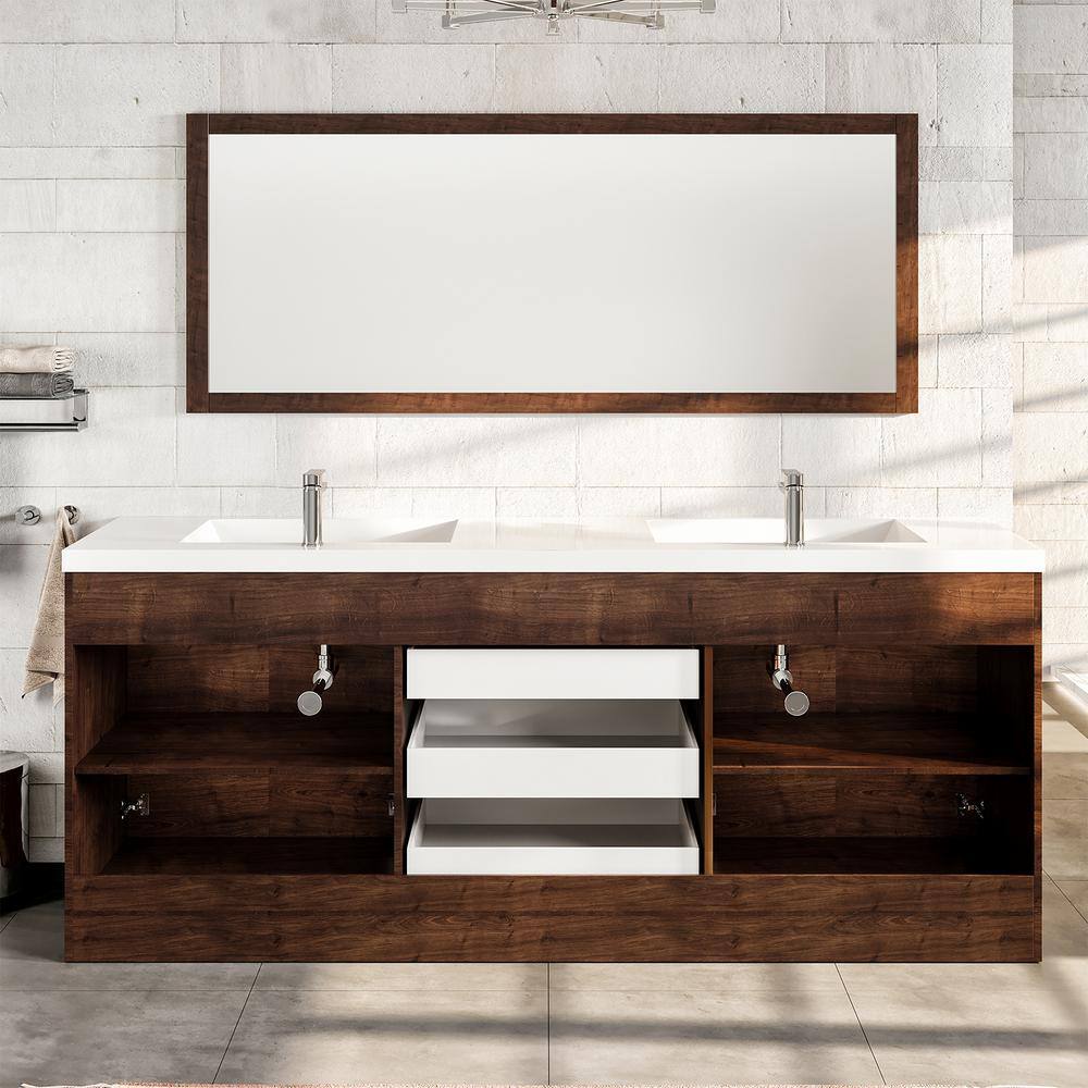 Eviva Lugano 84 in. W x 19 in. D x 34 in. H Double Bathroom Vanity in Rosewood with White Acrylic Top with White Sinks EVVN1900-8-84RSWD