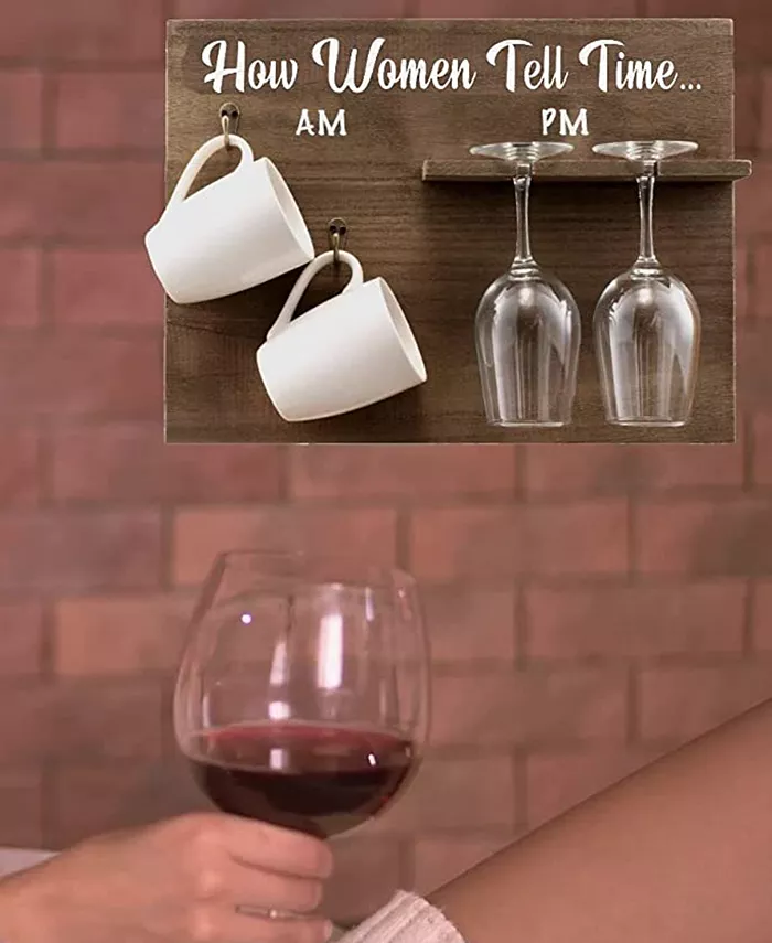 Bezrat How Woman Tell Time Wall Mounted Wine Rack with Wine Glasses and Coffee Mugs Set of 5