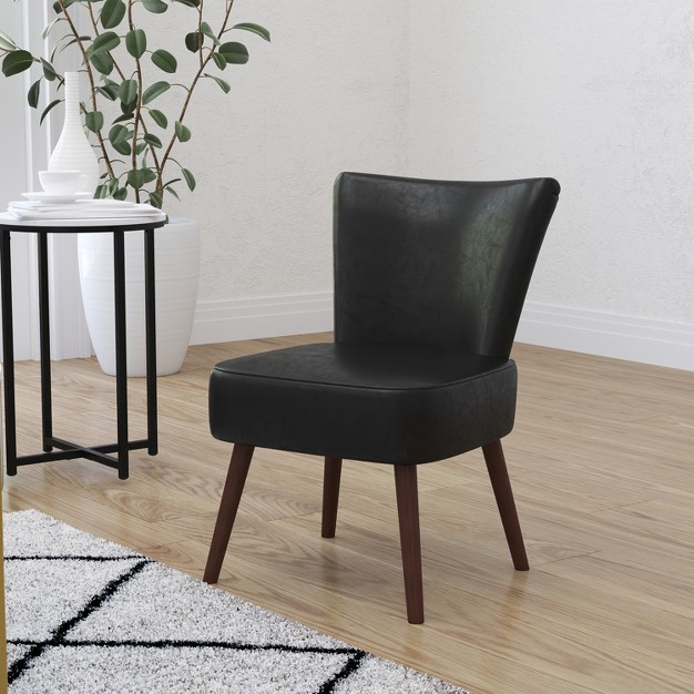 Merrick Lane Santino Black Faux Leather Mid back Retro Accent Side Chair With Flared Wooden Legs