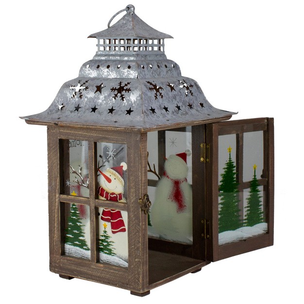 Rustic Wooden Snowman Holiday Scene Christmas Pillar Candle Lantern