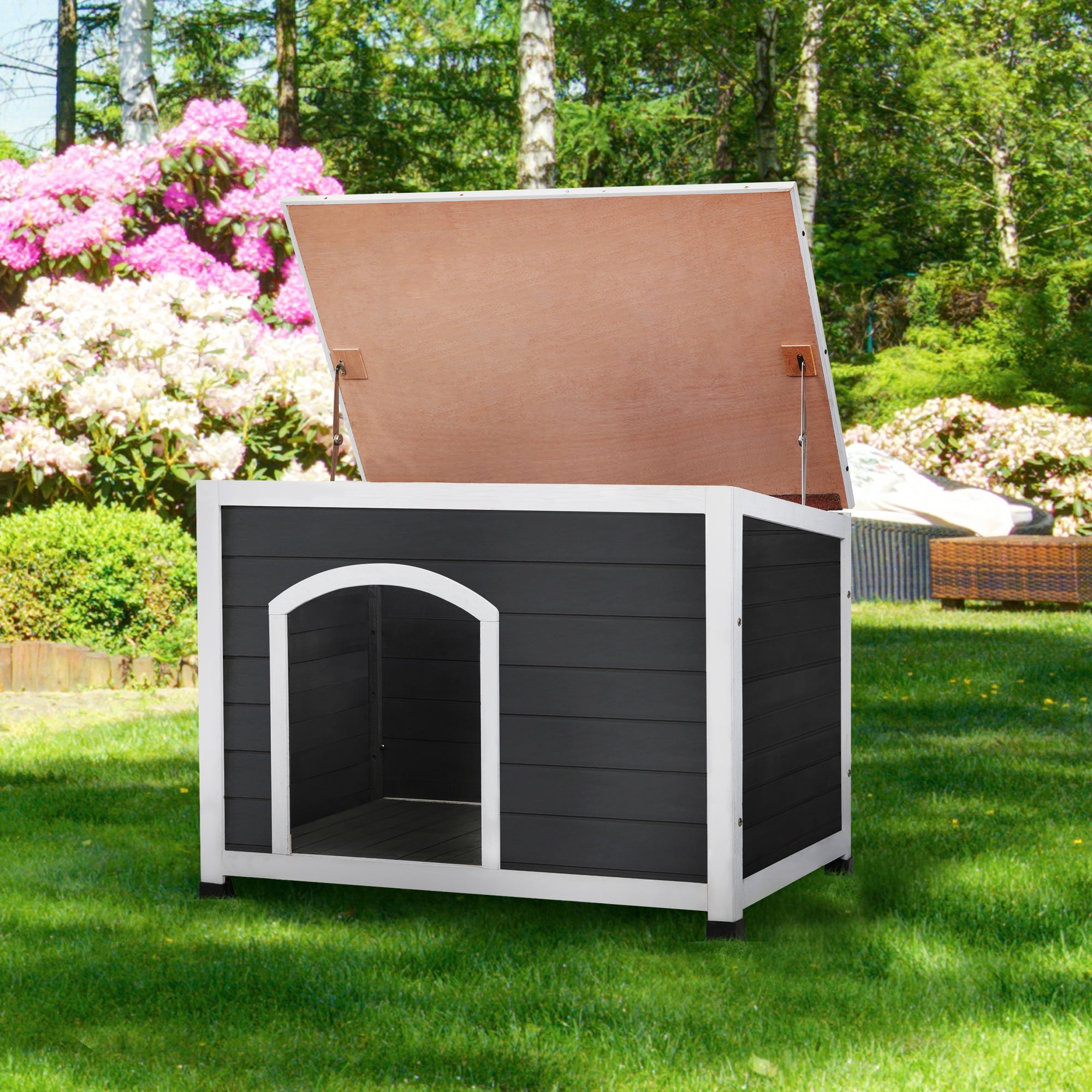 LOAOL Wooden Dog House with Openable Asphalt Roof and Removable Floor， Gray