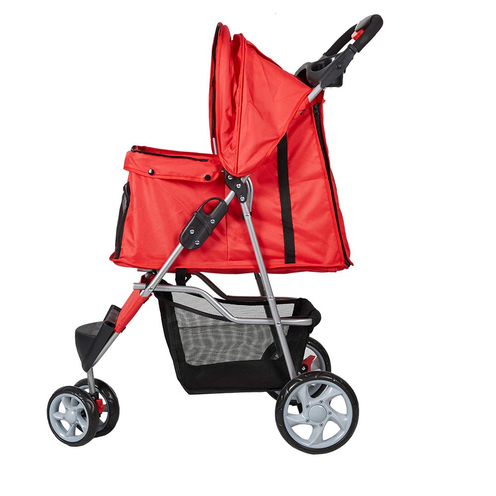 Karmas Product Folding Dog Stroller Cage Portable Travel Carrier with 3 Wheels ， red