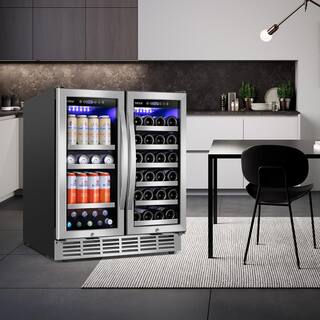 TITTLA 30.31 in. Dual Zone 33-Wine Bottles 80-Cans Beverage and Wine Cooler in Silver Shutter Shape Front Heat Vent Blue LEDs KMYC200