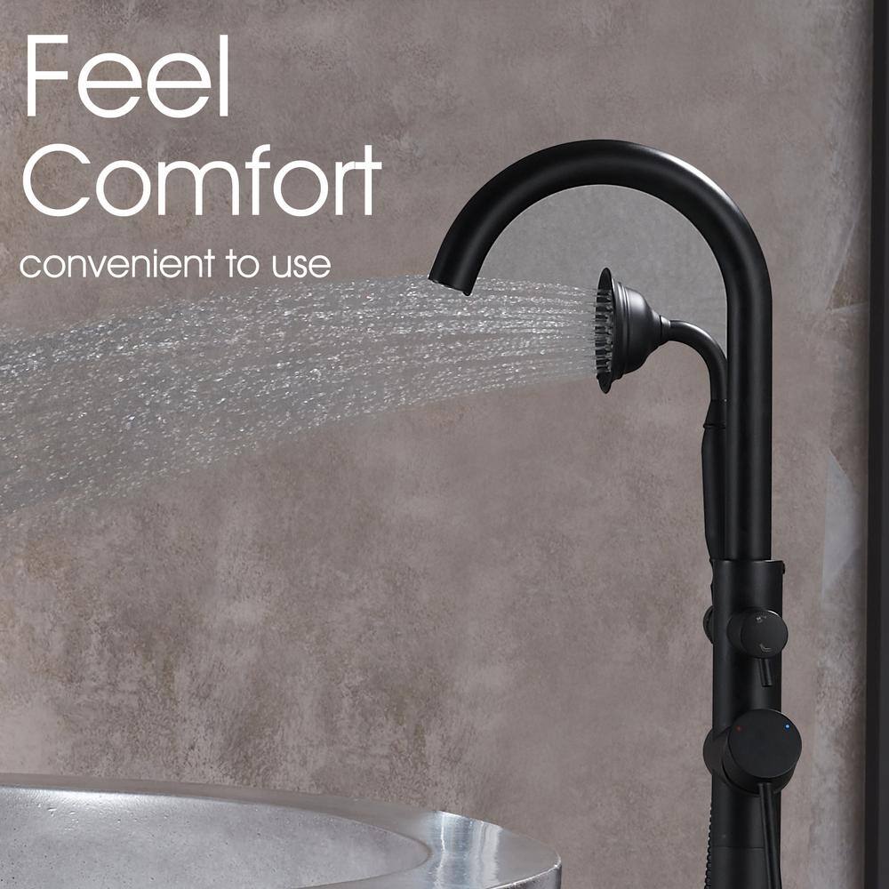 Miscool Forest 2-Handle Floor-Mount Roman Tub Faucet with Round Hand Shower in Matte Black SHMSH10C515MBL