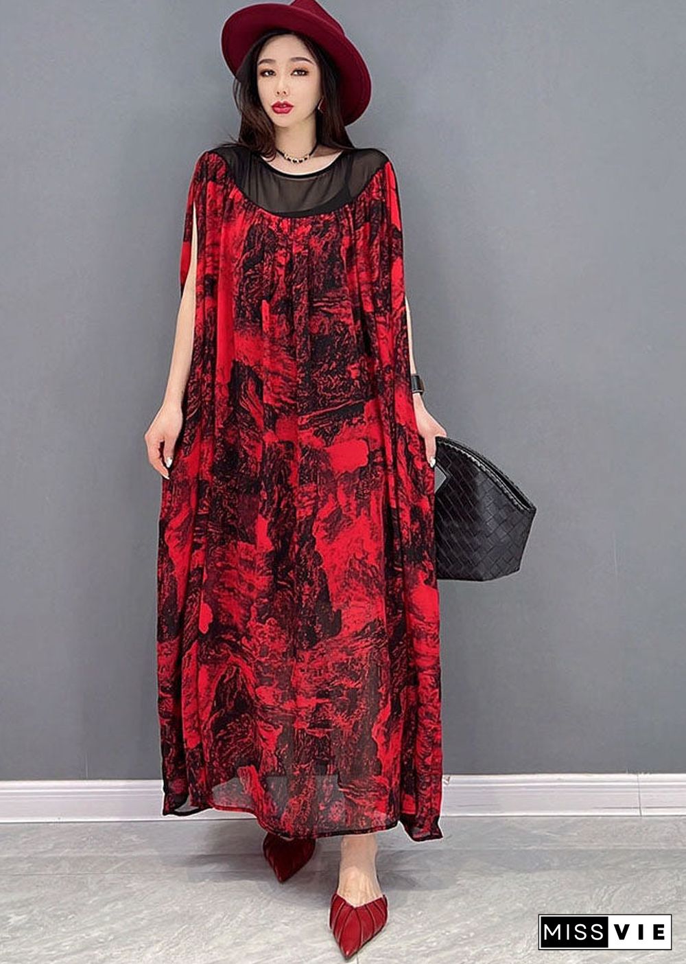 Loose Red Oversized Patchwork Print Chiffon Beach Dress Batwing Sleeve