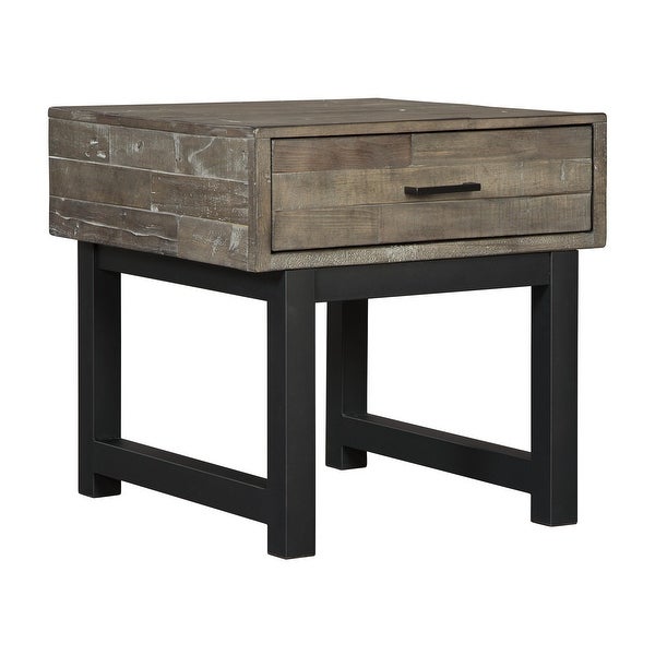 Square Butcher Block Wooden End Table with 1 Drawer， Brown and Black