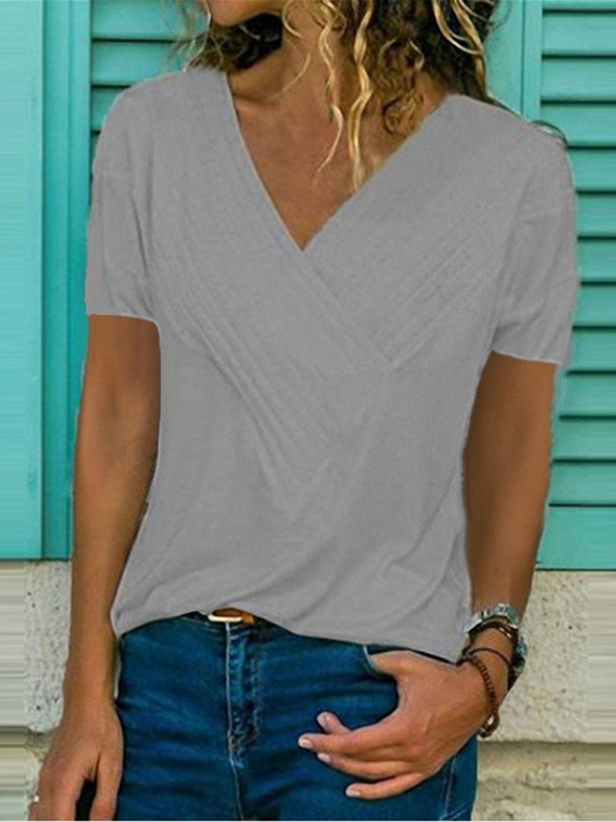 Casual V-neck Solid Color Short Sleeve T-Shirt