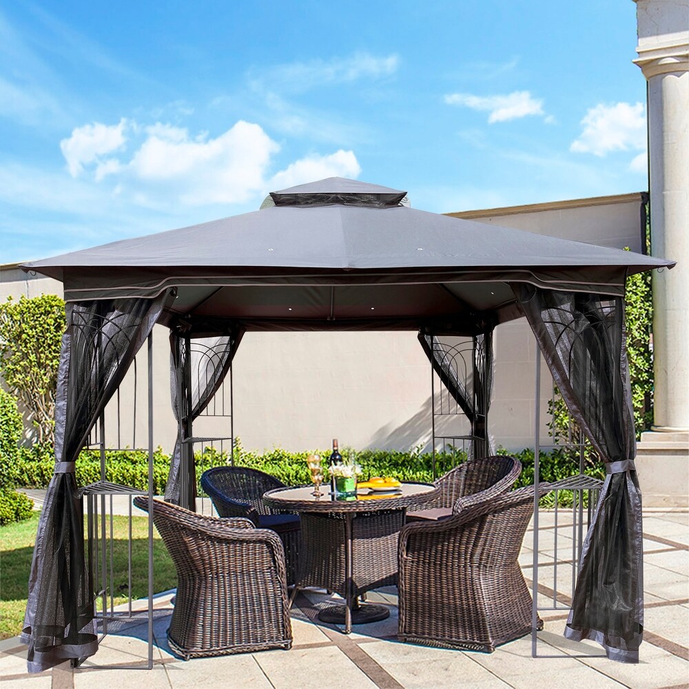 Gray 10x10 ft Patio Canopy Gazebo with Double Tier Roof  Mesh Screens