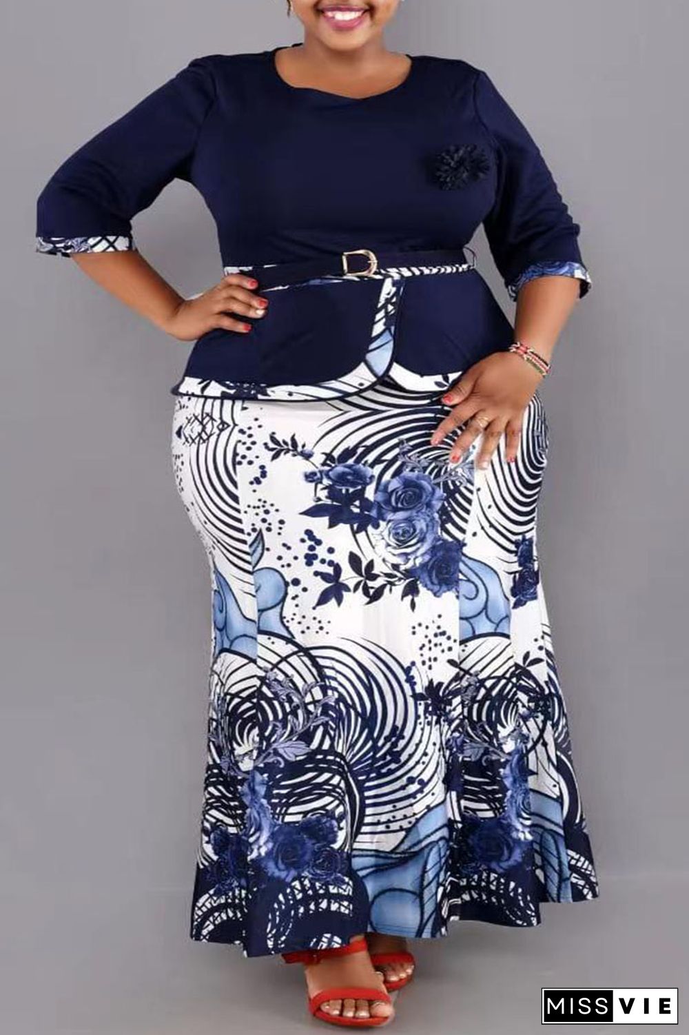 Black Casual Work Elegant Floral Patchwork Slit Contrast O Neck Wrapped Skirt Plus Size Two Pieces(With Belt)