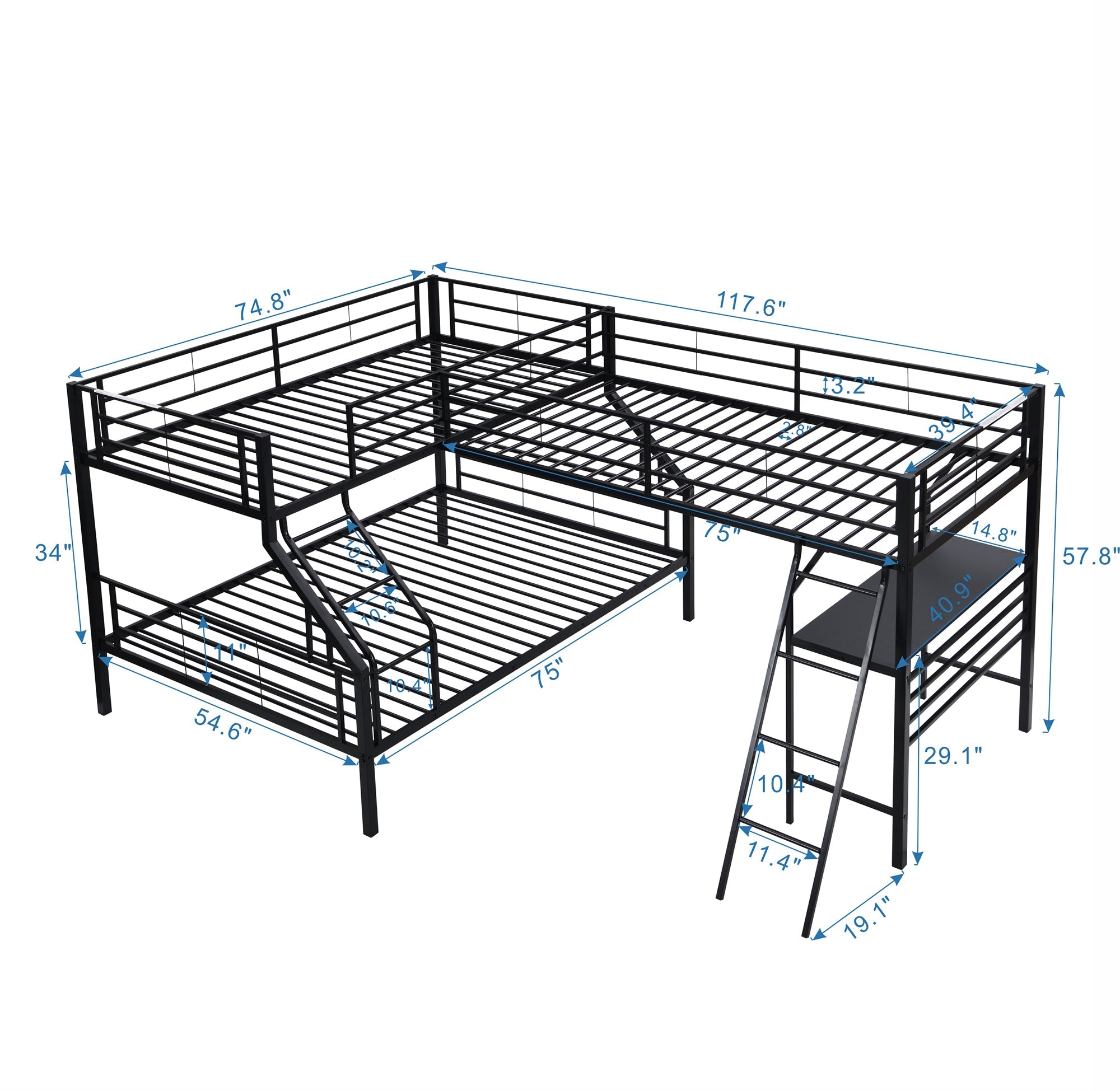 Euroco Twin L-Shaped Metal Bunk Bed with Built-in Study Desk for Kids' Bedroom, Black