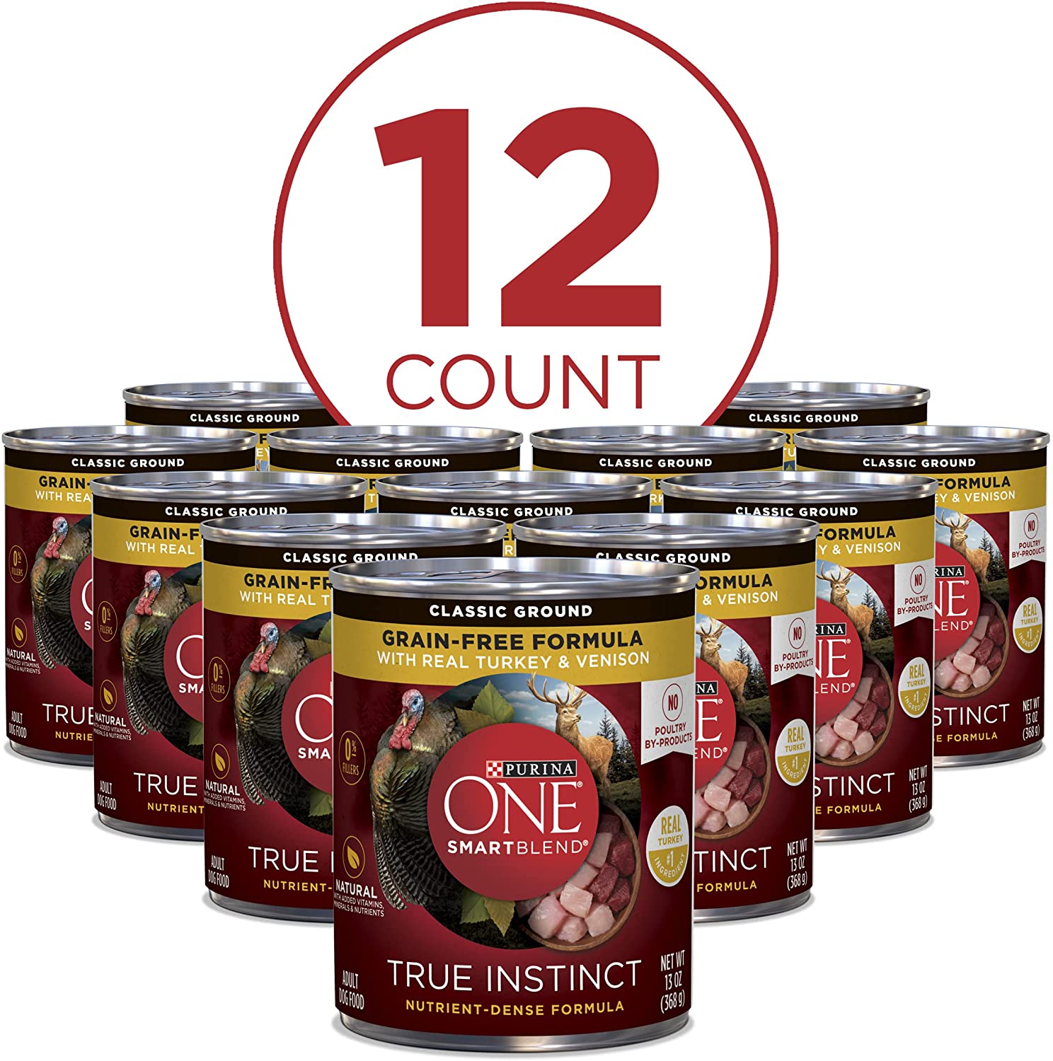 Purina ONE Grain Free， Natural Pate Wet Dog Food， SmartBlend True Instinct With Real Turkey and Venison - (12) 13 oz. Cans