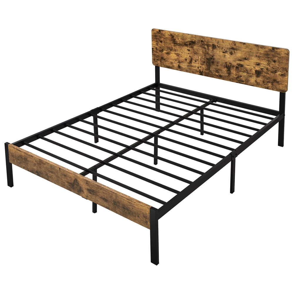 Topeakmart Vintage Style Metal Queen Bed with Wooden Headboard & Footboard