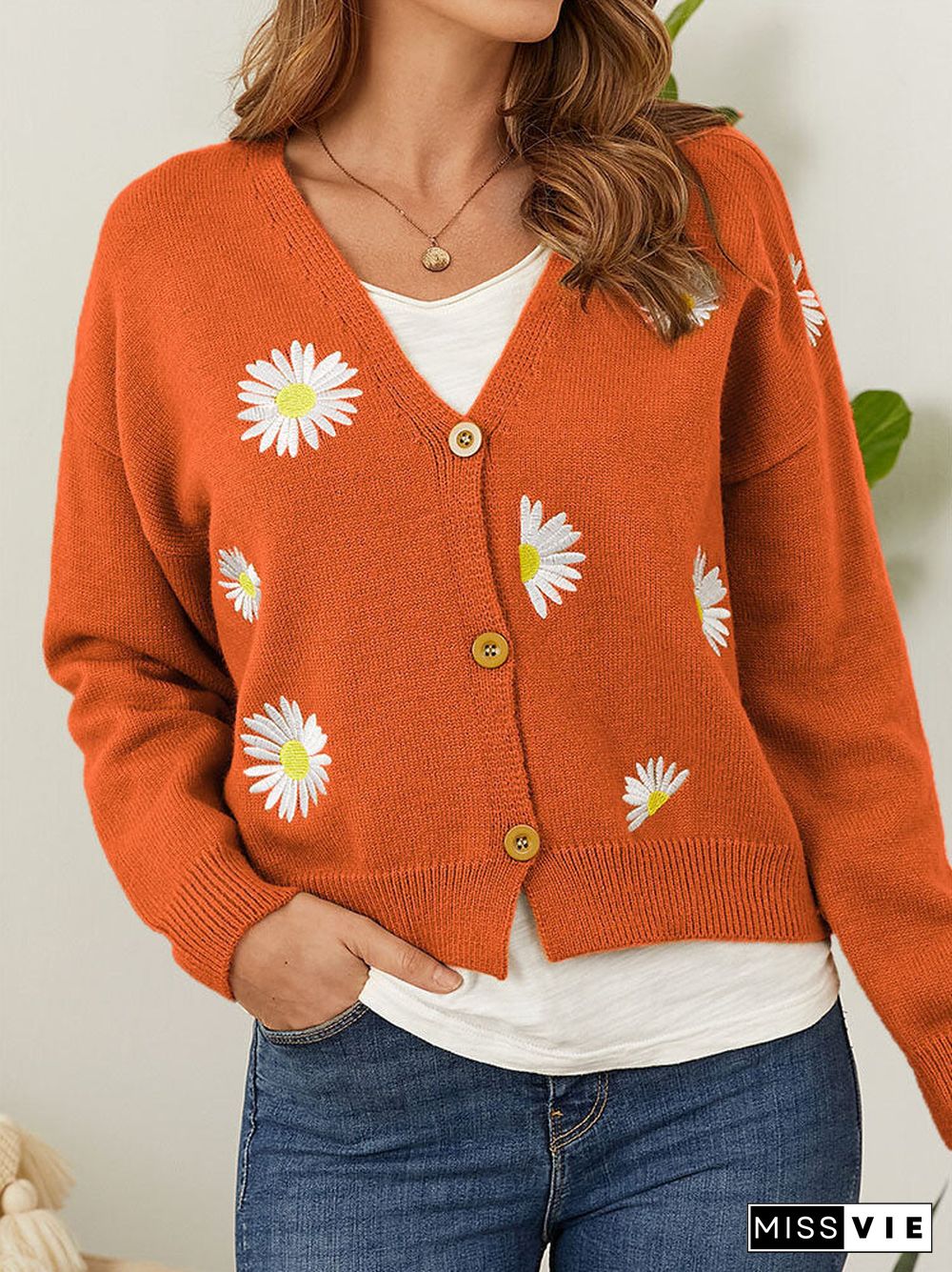 Women's V-neck Floral Embroidery Cardigan Jacket Coat