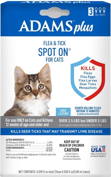 Adams Flea and Tick Spot Treatment for Cats， 2.5-5 lbs