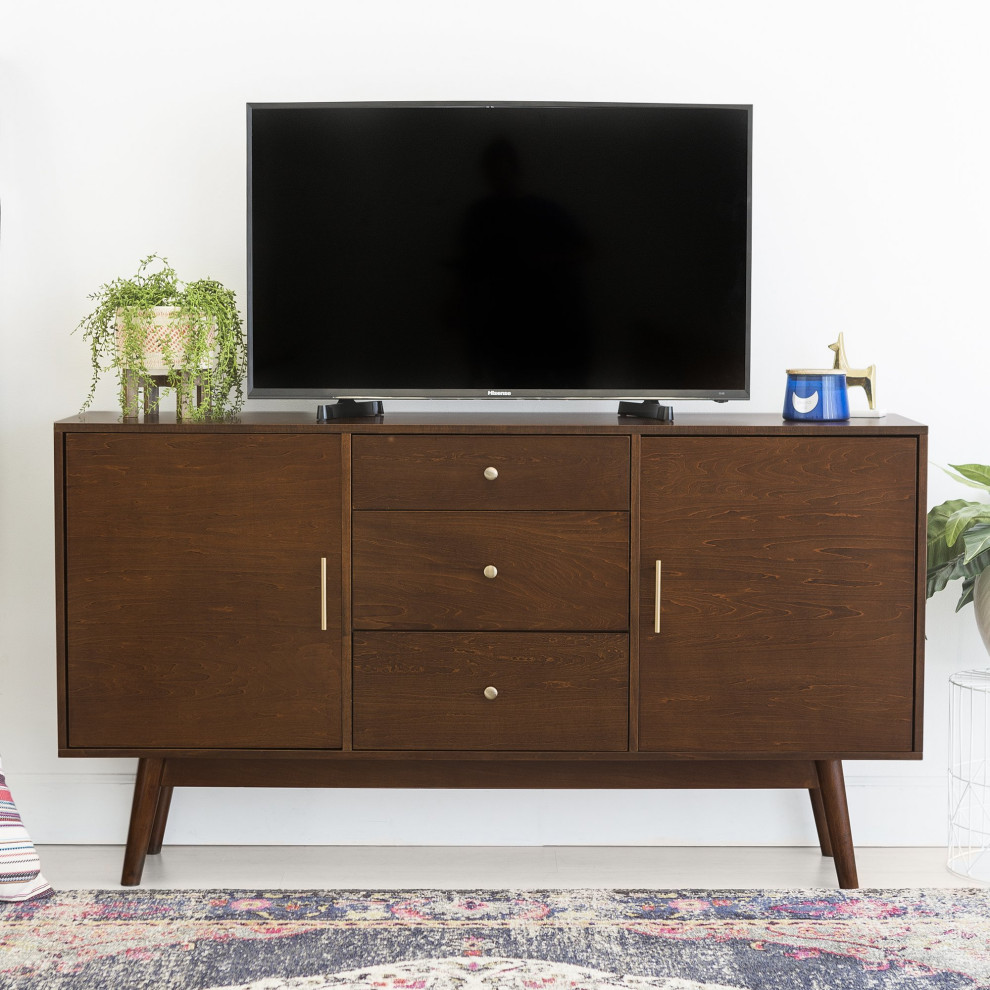 Midcentury Modern TV Stand  Spacious Cabinets  3 Center Storage Drawers  Walnut   Midcentury   Entertainment Centers And Tv Stands   by Declusia  Houzz