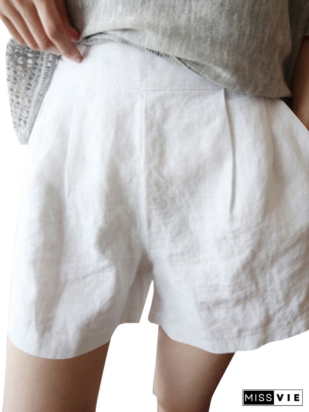 Solid Pocket Ruched Cotton Casual Shorts