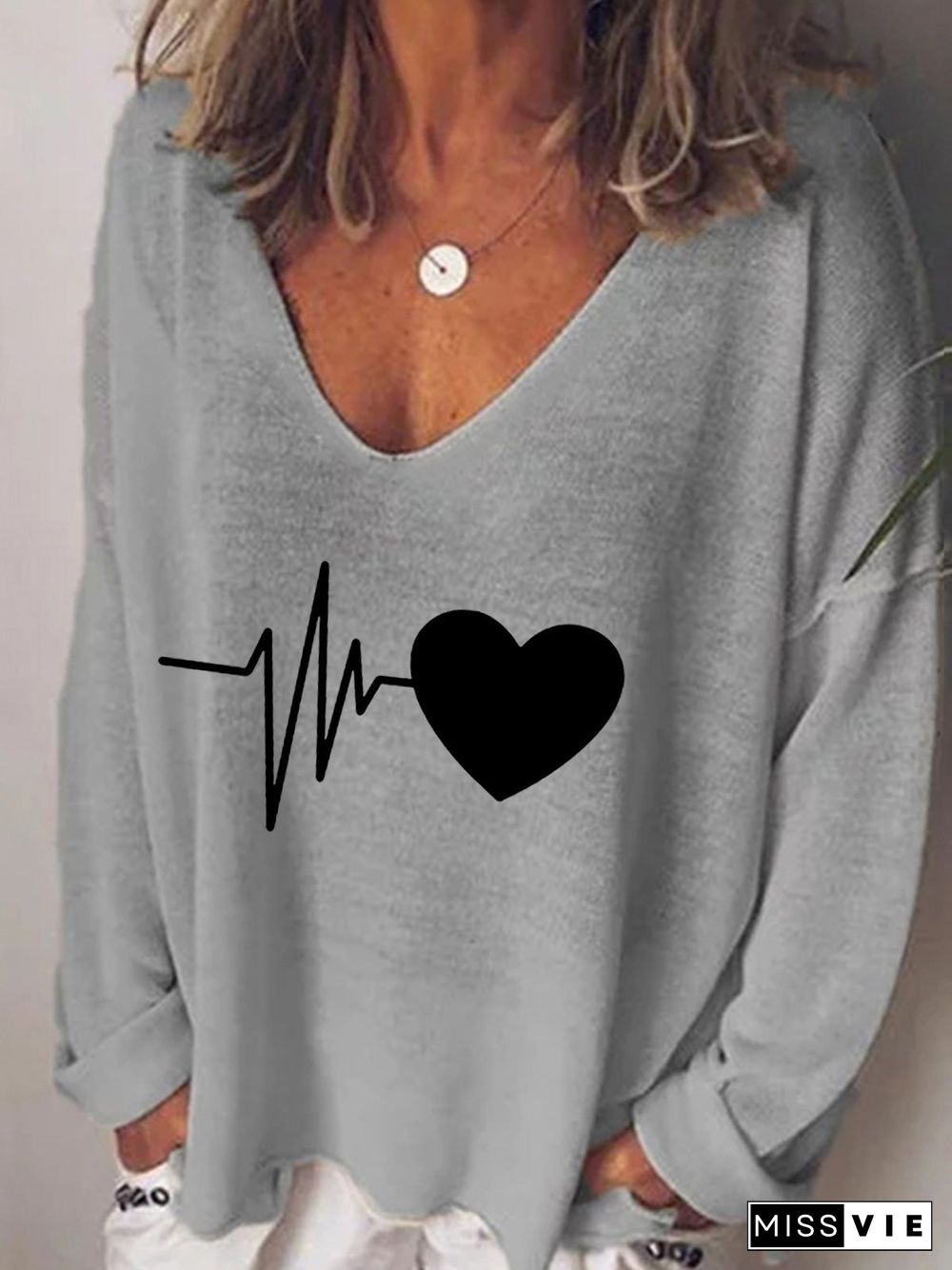 Women'S T-Shirts Heartbeat Print V-Neck Long Sleeve T-Shirt