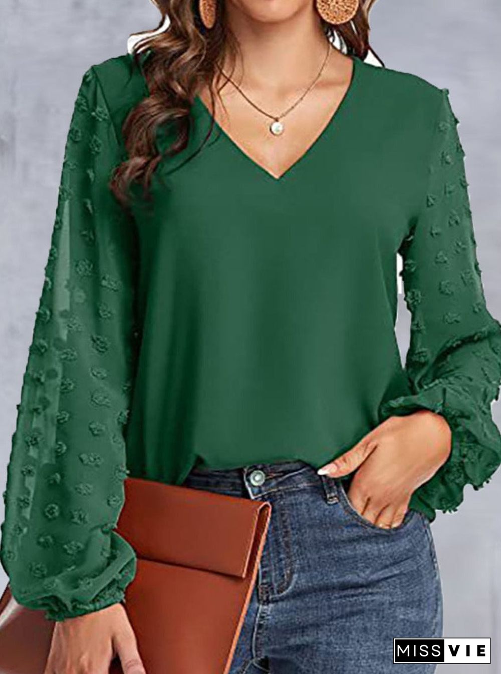 V-neck Paneled Casual Long-sleeve Blouse