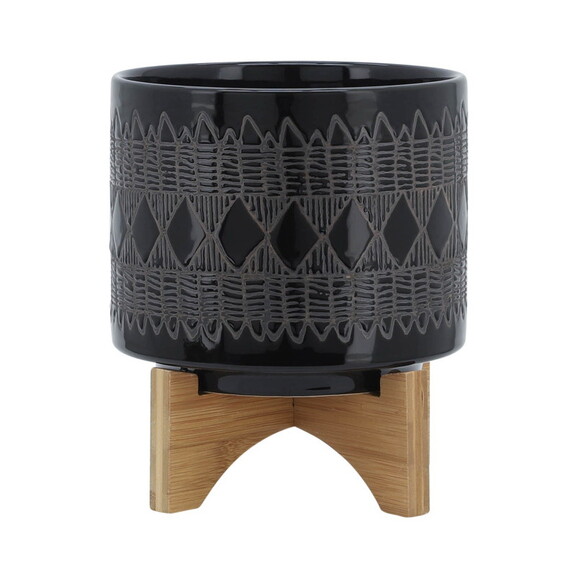 Ceramic 8 Aztec Planter On Wooden Stand  Black B0...