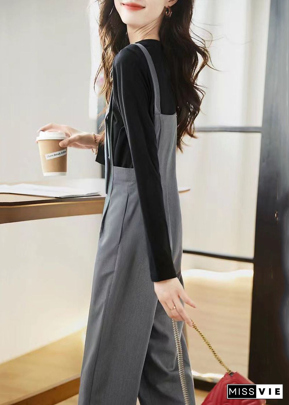 Chic Grey Pockets High Waist Patchwork Cotton Jumpsuits Fall