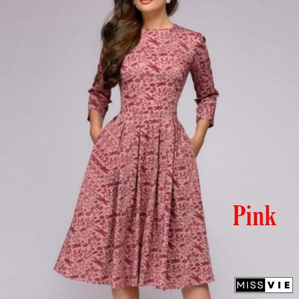 Vintage Floral Party Dress 3/4 Sleeve Fashion Women Swing Midi Dress