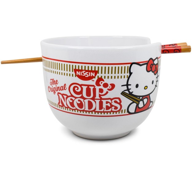 Silver Buffalo Hello Kitty Cup Noodle Japanese Dinnerware Set 20 ounce Ramen Bowl Chopsticks