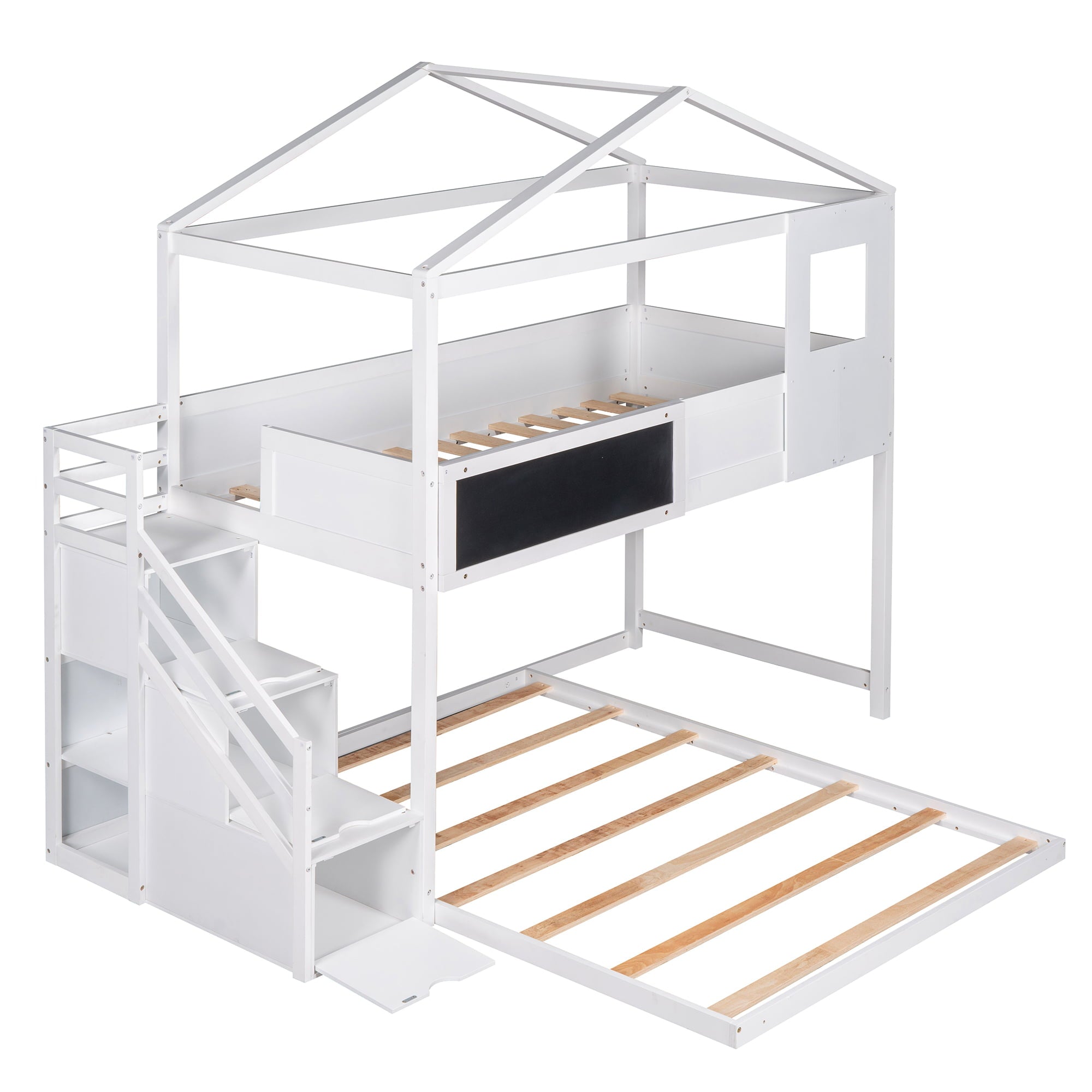 EUROCO Twin over Full House Bunk Bed with Storage Staircase and Blackboard for Kids Bedroom, White