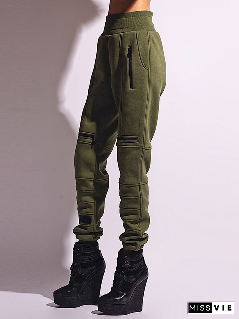 Stylish High-Waisted Solid Color Zipper Casual Sports Pants