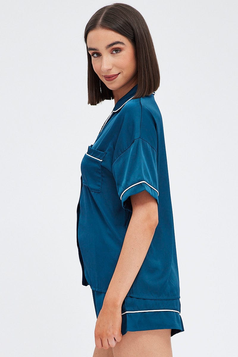 Blue Satin Pj Piping Button Through Pyjama Set