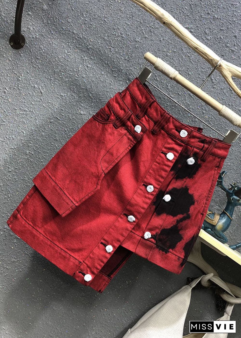 Fashion Red High Waist Patchwork Button Asymmetrical Denim Skirt Summer