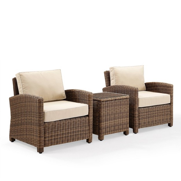 Bradenton 3pc Outdoor Wicker Seating Set With Two Chairs amp Side Table Sand Crosley