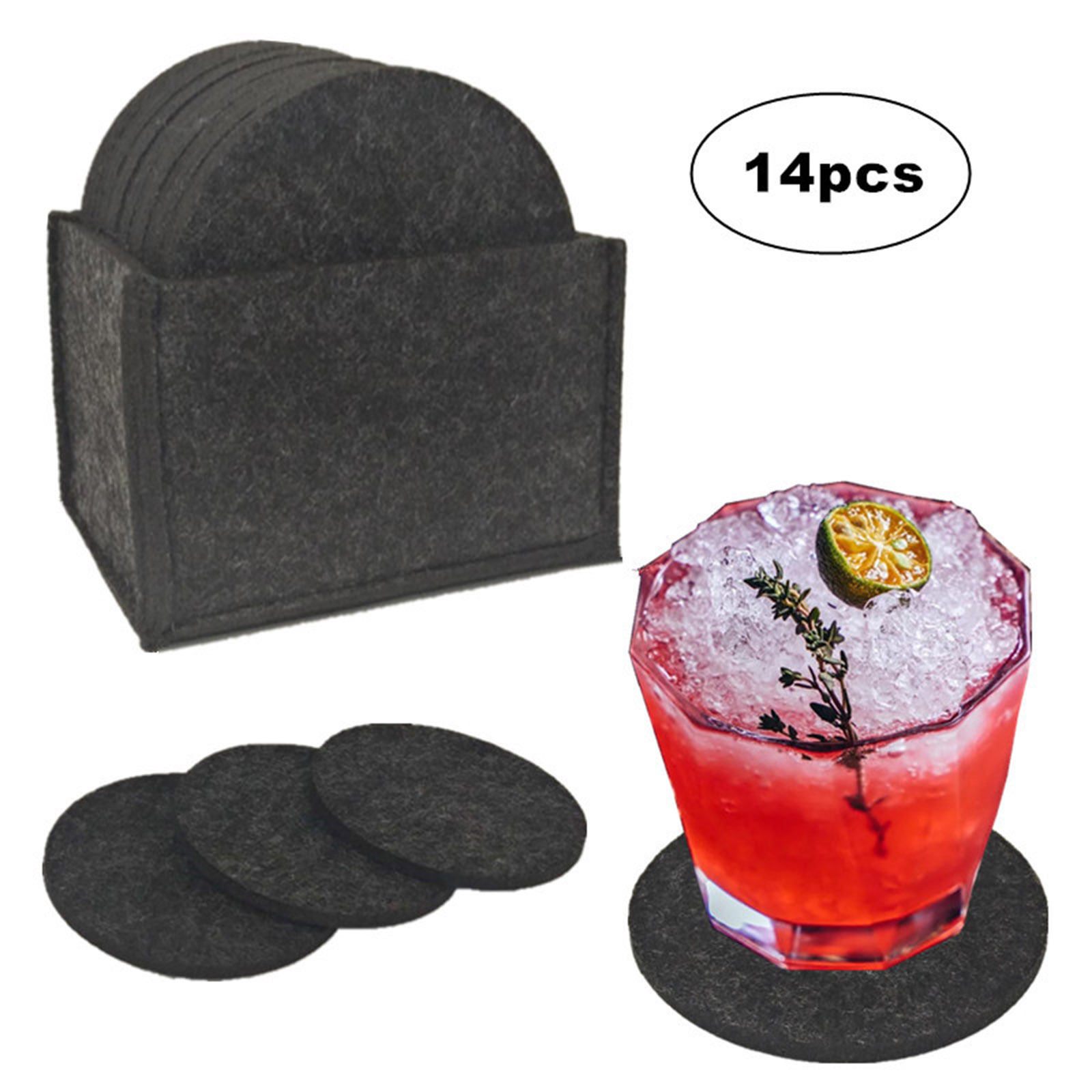 Aibecy 14Pcs Round Felt Coasters for Glasses including Box Table Coasters Felt Coasters in Dark Grey for Drinks Cups Bar Glass