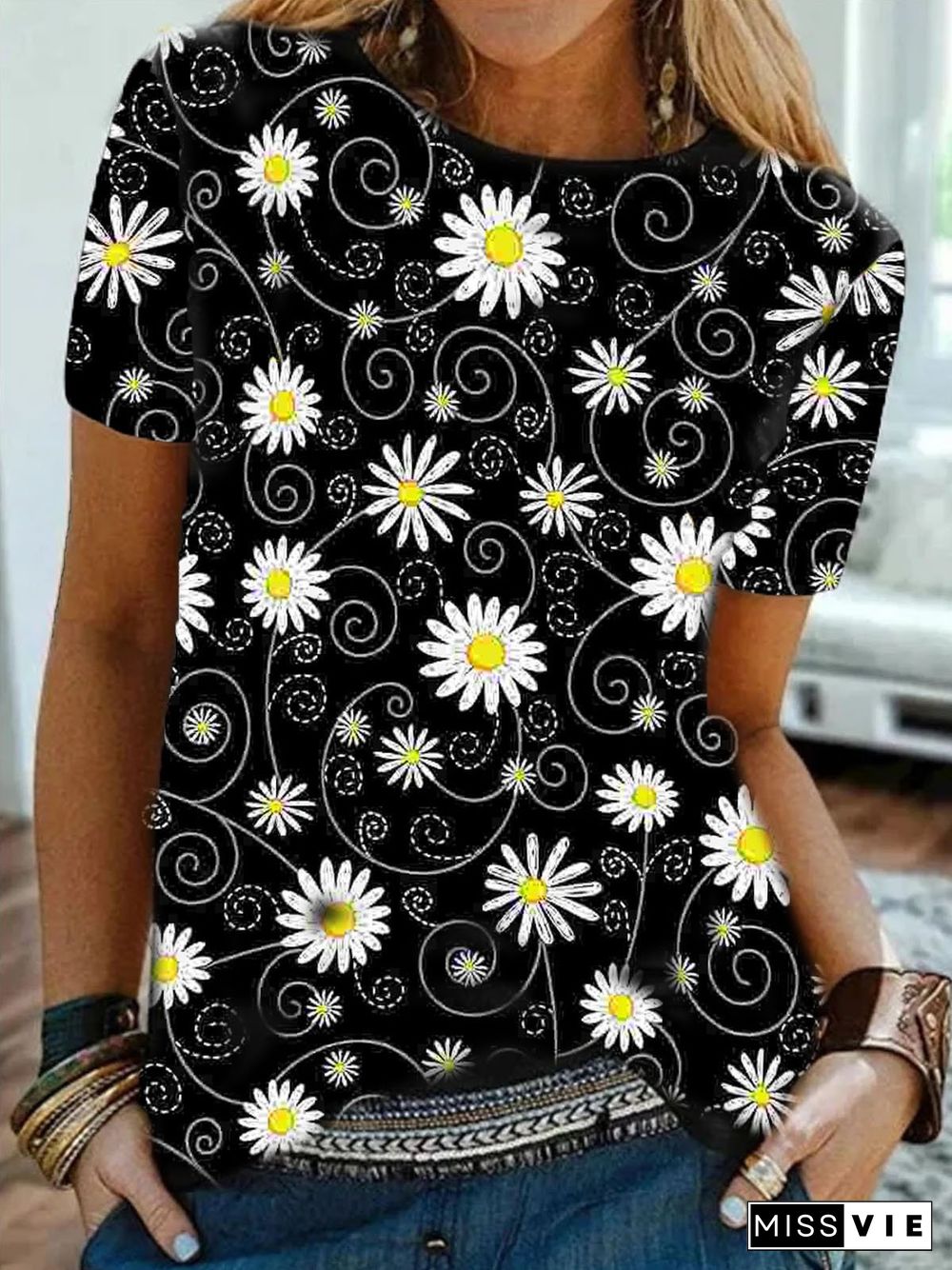 Casual, Floral Short Sleeve Printed T-shirt